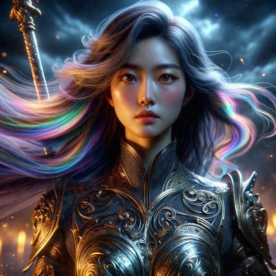 The primary subject of the image is a woman dressed in a medieval-style armor, with a sword in her hand. She has long, flowing hair and is wearing a helmet. The setting is a dark, dramatic environment, with a cloudy sky visible in the background. The visual style is a digital art or illustration, creating a powerful and striking image. The colors and mood are dark and intense, with the woman's armor and the sword adding to the overall atmosphere.